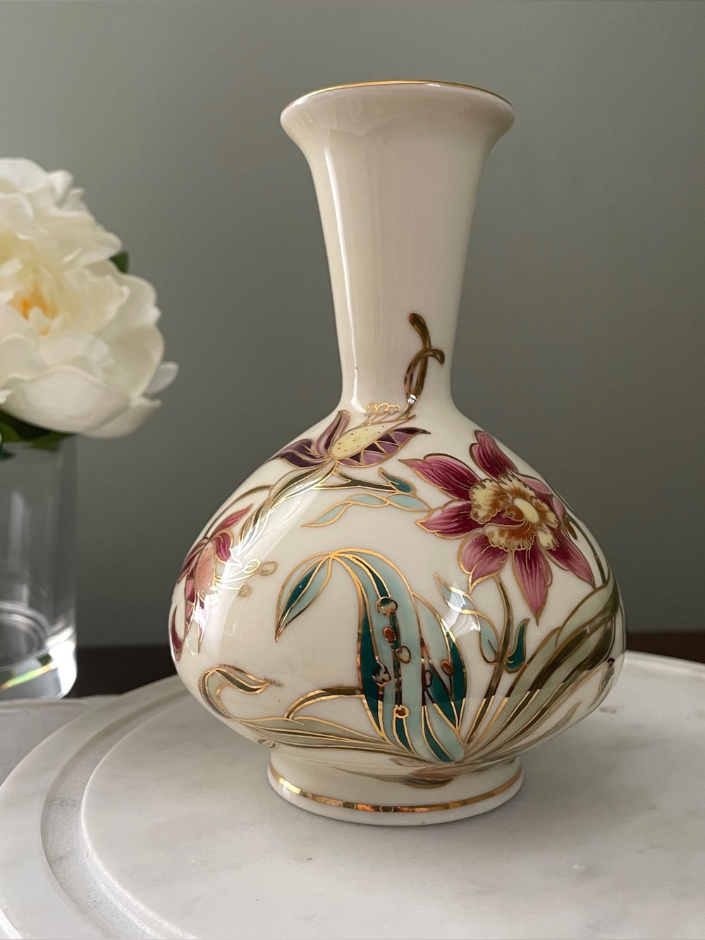 Vintage Zsolnay Hungarian Porcelain Floral Vase with Gold Accents | Pecs Hungary